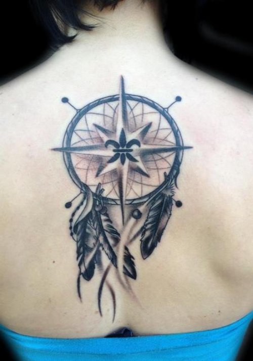 Grey Ink Dreamcatcher Tattoo On Upperback
